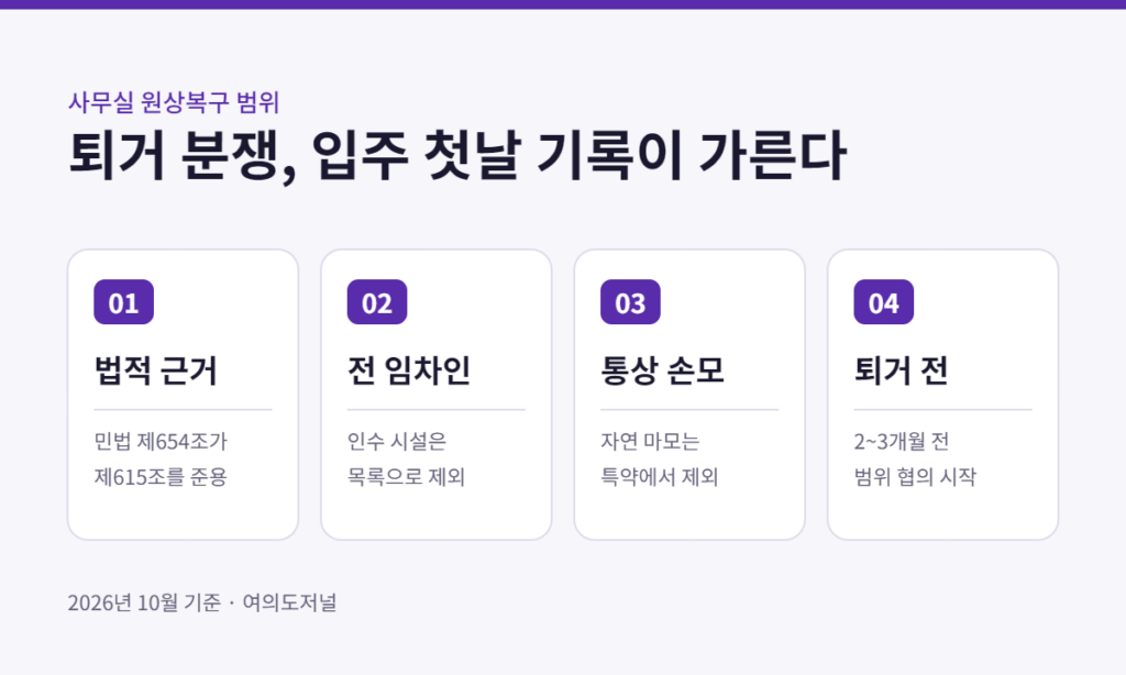 퇴거 분쟁, 입주 첫날 기록이 가른다 — 법적 근거: 민법 제654조가 제615조를 준용; 전 임차인: 인수 시설은 목록으로 제외; 통상 손모: 자연 마모는 특약에서 제외; 퇴거 전: 2~3개월 전 범위 협의 시작
